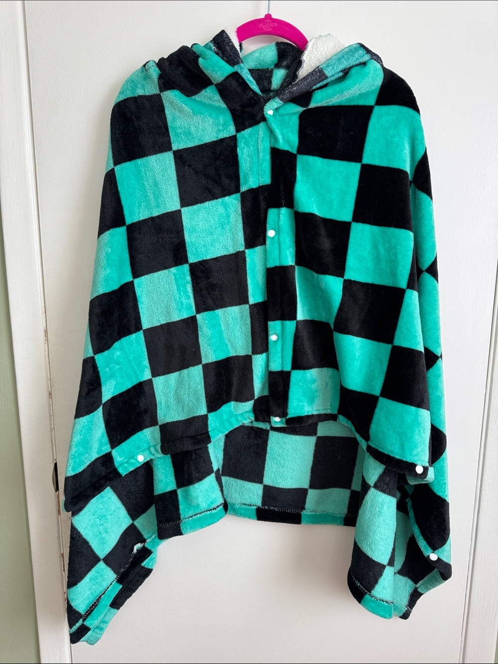 Demon Slayer Hoodie Blanket Checkerboard in Teal and Black